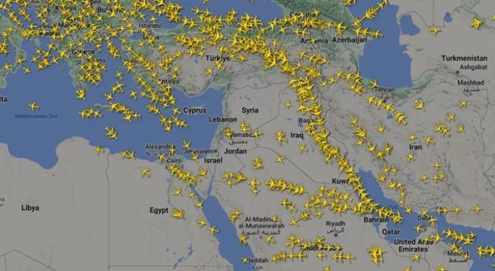 Operativa a&eacute;rea mundial en Oriente Medio actualmente, sin apenas presencia de vuelos entre los espacios de Israel y Siria.
