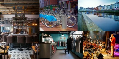 De izquierda a derecha, Cleaver East, bicis de alquiler, Tamp&amp;Stitch (abajo), el r&iacute;o Liffey y una sesi&oacute;n de poetry slam (abajo).