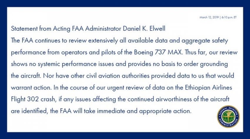 Declaraci&oacute;n del administrador interino de la FAA Daniel K.Elwell
