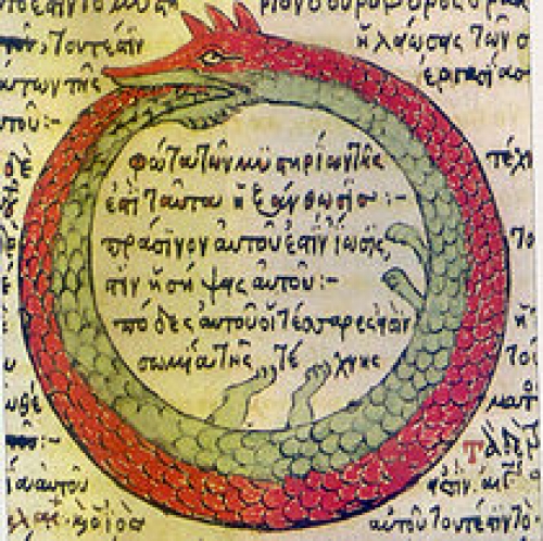 El ur&oacute;boros, tambi&eacute;n ouroboros, del griego &laquo;&omicron;&upsilon;&rho;&omicron;&beta;&oacute;&rho;&omicron;&sigmaf;&raquo;, ur&oacute;voro, de oyr&aacute;, que quiere decir cola y bor&aacute;, que significa alimento, es un s&iacute;mbolo que muestra a un animal serpentiforme, engullendo su propia cola, conformando con su cuerpo una forma circular. El ur&oacute;boros simboliza el esfuerzo eterno, la lucha eterna, o el esfuerzo in&uacute;til, ya que el ciclo vuelve a comenzar a pesar de las acciones para impedirlo.(Wikipedia)
