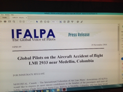 IFALPA, la Federaci&oacute;n Internacional de Asociaciones de Pilotos ante el accidente de LaMia Airlines